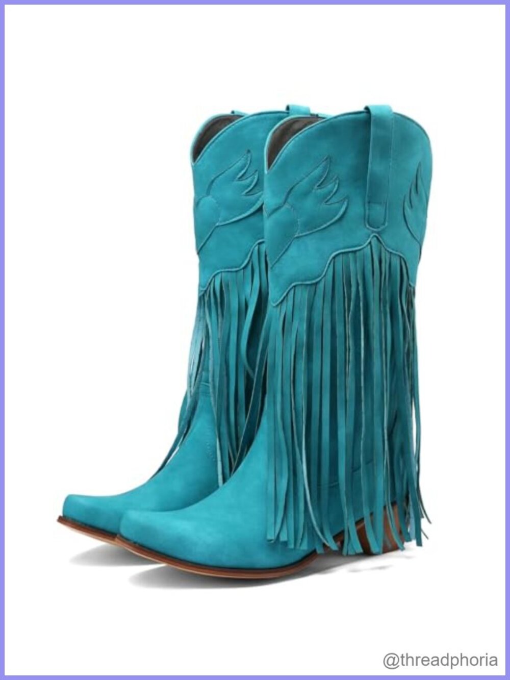 Mid Calf Western Cowboy Boots Fringe Embroidered Pull On Stacked Heel Square Toe